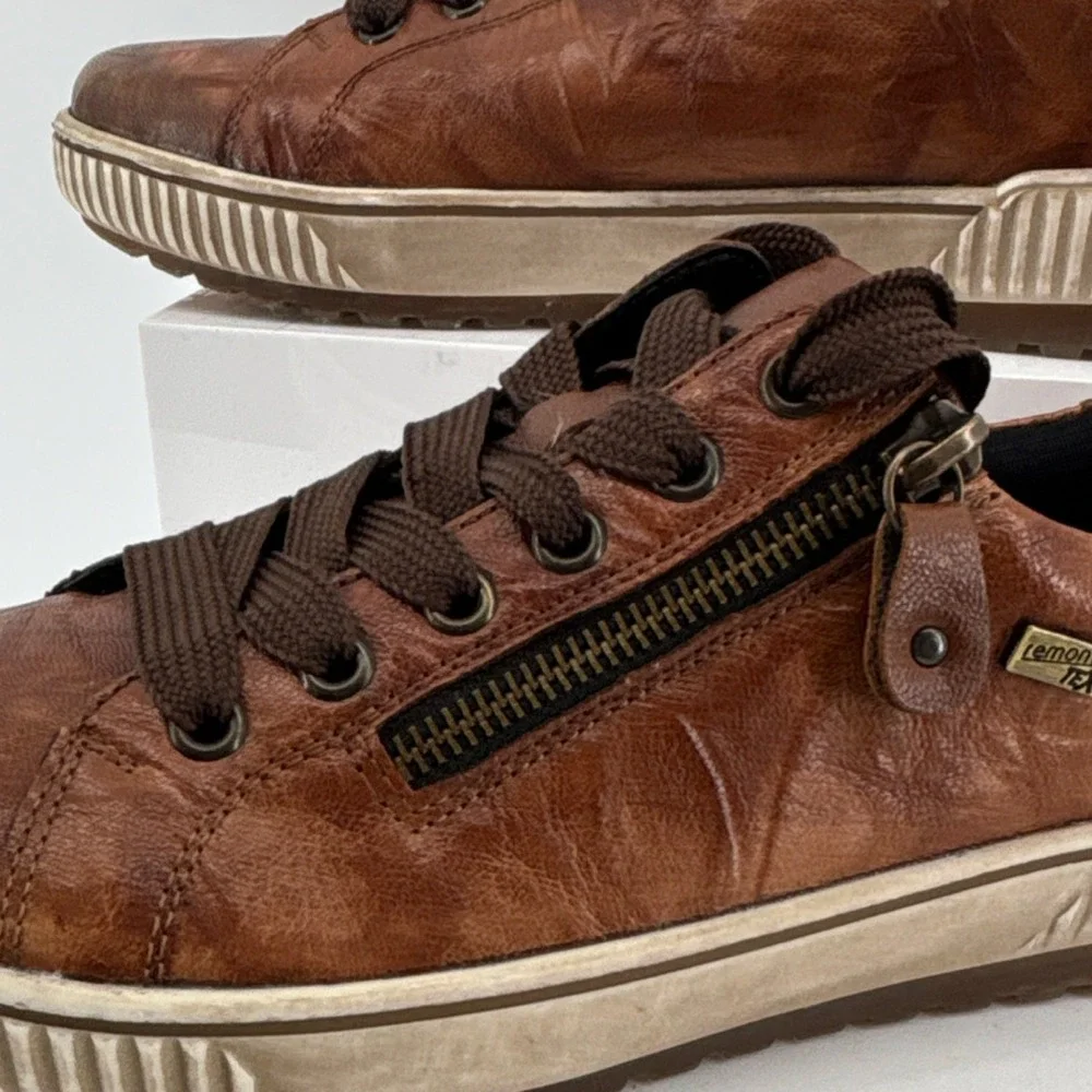 Remonte Brown Leather Lace-Up Sneakers Zipper Logo Women‎ US 9.5 EU 41 Comfort